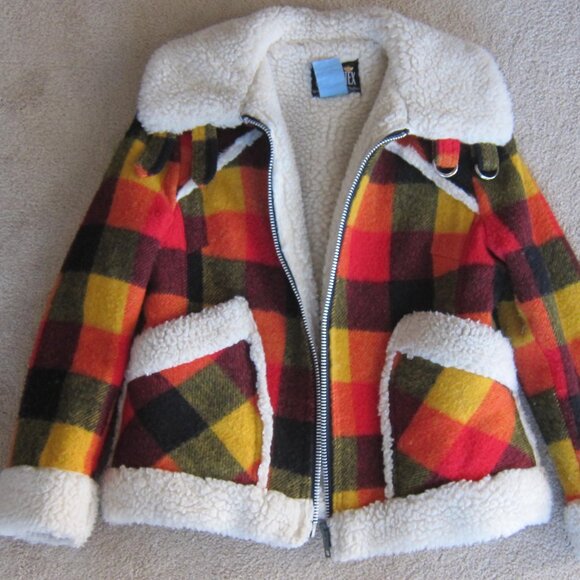 Vintage 70s LADY UTEX Retro Orange Plaid Wool Sherpa Bomber Jacket Canada - Picture 3 of 10